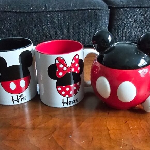 3 Disney Cups Mugs, His, Hers, and Lidded Ceramic Cup Mug Mickey Mouse ~ USED ~ - Picture 1 of 4